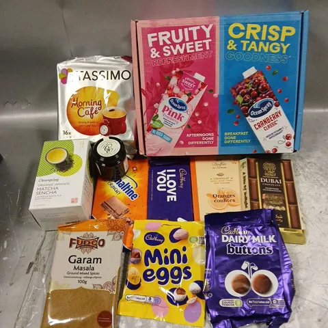 APPROXIMATELY 10 ASSORTED FOOD ITEMS TO INCLUDE - DUBAI CHOCOLATE - OCEAN SPRAY CRANBERRY JUICE - TASSIMO MORNING CAFE - ETC
