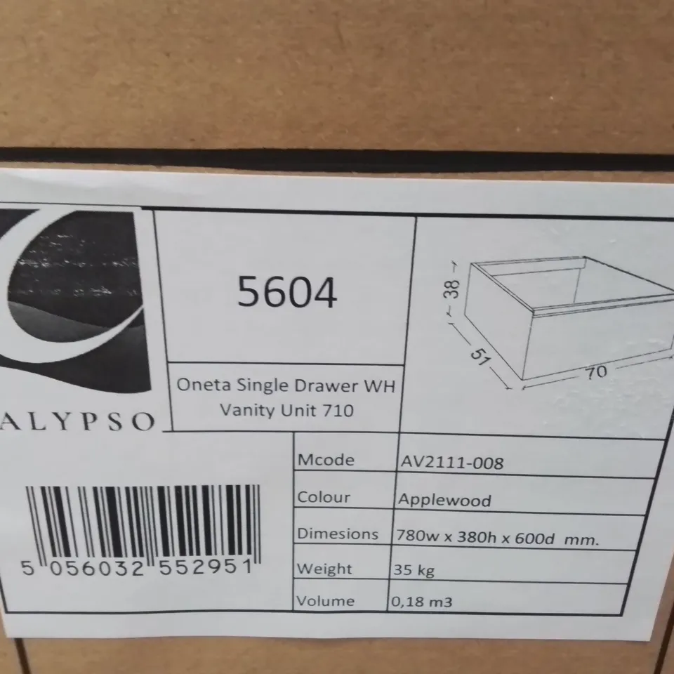 BOXED AS NEW CALYPSO ONETA SINGLE DRAWER WH VANITY UNIT IN APPLE WOOD - 780X380X600MM