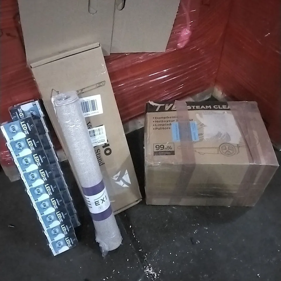 PALLET OF HOUSEHOLD ITEMS TO INCLUDE VACUUM STAND, 6W LED BULBS, FLOOR MAT, STEAM CLEANER AND OTHER ASSORTED ITEMS...