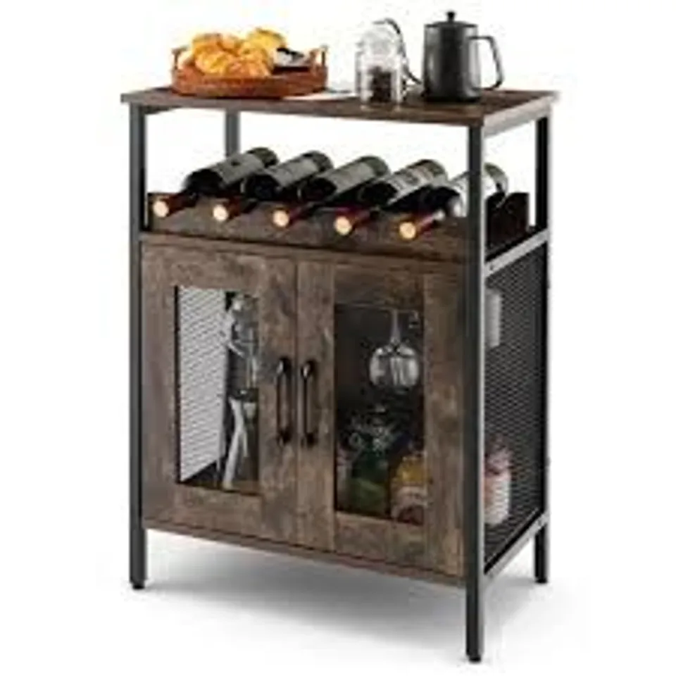 BOXED COSTWAY CORNER BAR CABINET, INDUSTRIAL WINE STORAGE SIDEBOARD WITH GLASS HOLDER, METAL ...