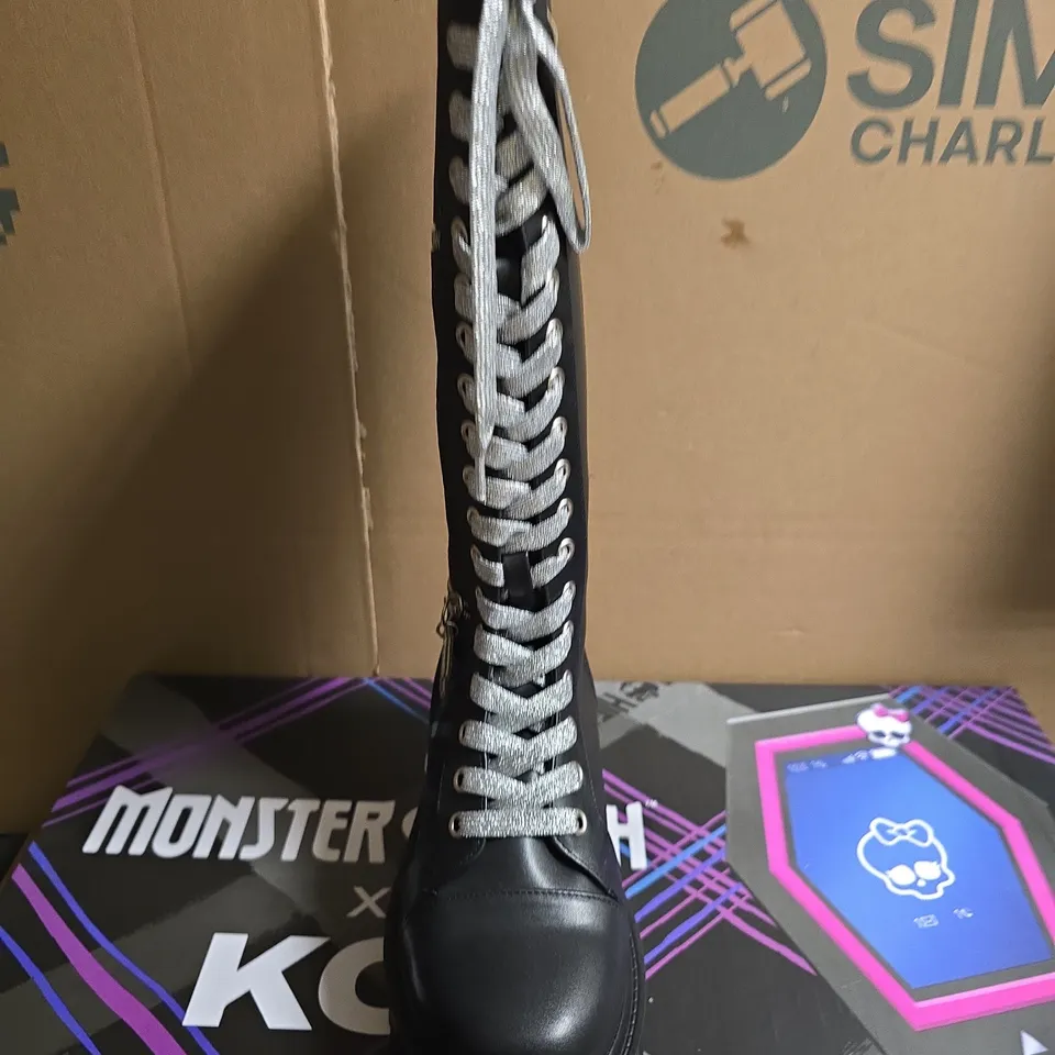 BOXED PAIR OF KOI X MONSTER HIGH FRANKIE STEIN FIRECRACKER LONG PLATFORM BOOTS - UK SIZE 3