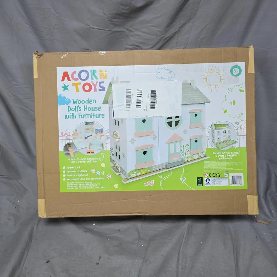 BOXED ACORN WOODEN DOLLHOUSE WITH FURNITURE