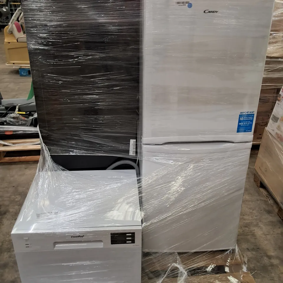 RUSSELL HOBBS LOW FROST FRIDGE FREEZER 50CM BLACK, CANDY CSC1365WEN STATIC FREESTANDING FRIDGE FREEZE AND COMFEE FREESTANDING DISHWASHER TD602E-W - UNPROCESSED RAW RETURNS