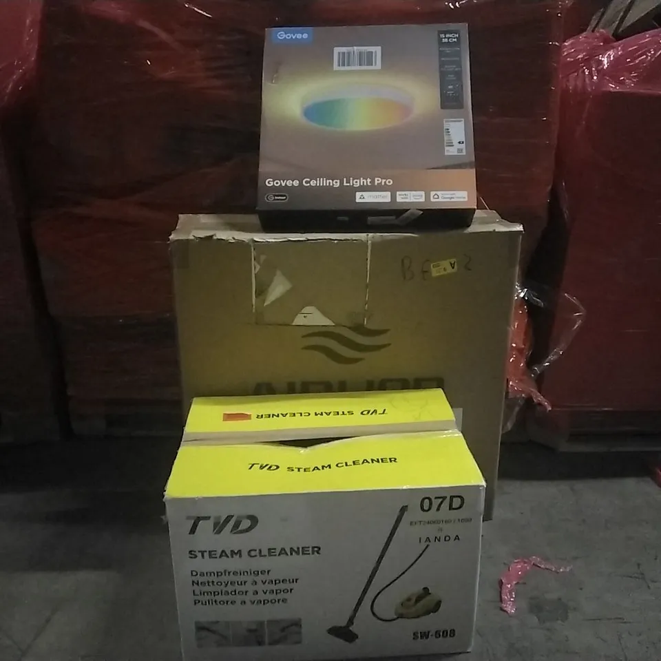 PALLET OF ASSORTED PRODUCTS AND HOUSEHOLD GOODS TO INCLUDE;GOVEE CEILING LIGHT,GYM MATTS,STEAM CLEANER