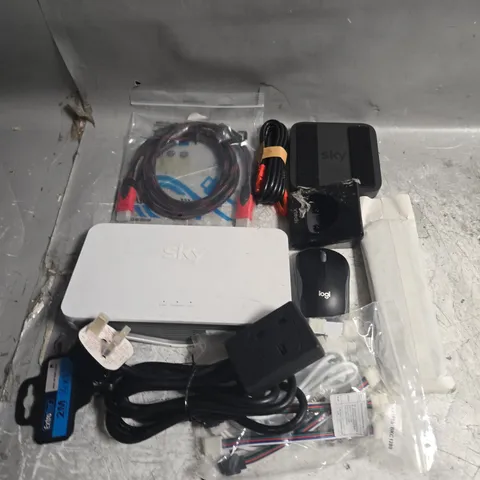 APPROXIMATELY 10 ASSORTED HOUSEHOLD ITEMS TO INCLUDE SKY BOX, CABLES AND REMOTE CONTROLS