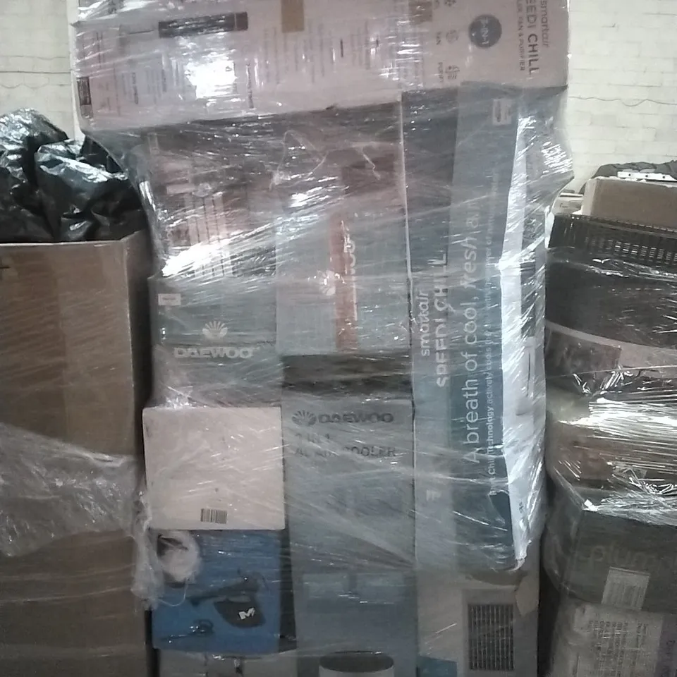 PALLET TO CONTAIN PALLET OF ASSORTED ELECTRICAL GOODS WHICH INCLUDE; AIR COOLERS, LEAF BLOWER, AIRFRYER, SMARTAIR SPEEDICHILL, SIMILAR PRODUCTS ETC
