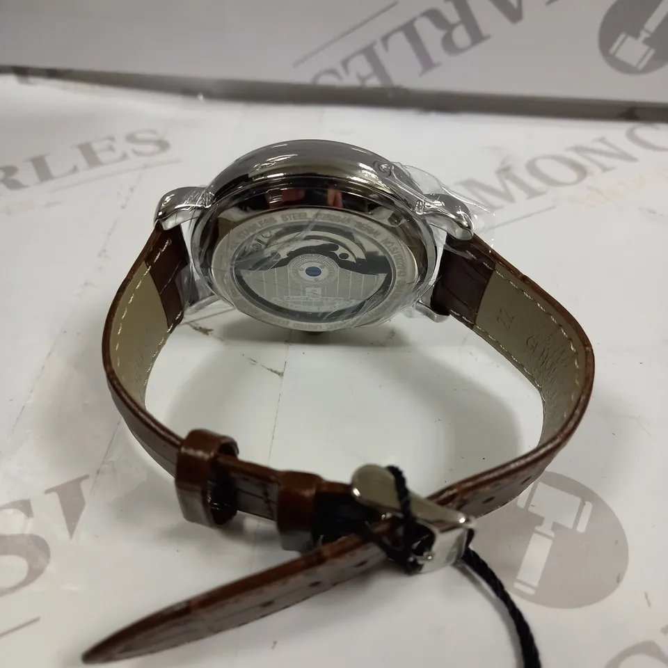 BOXED SAMUEL JOSEPH AUTOMATIC STEEL BROWN WATCH WITH LEATHER STRAP