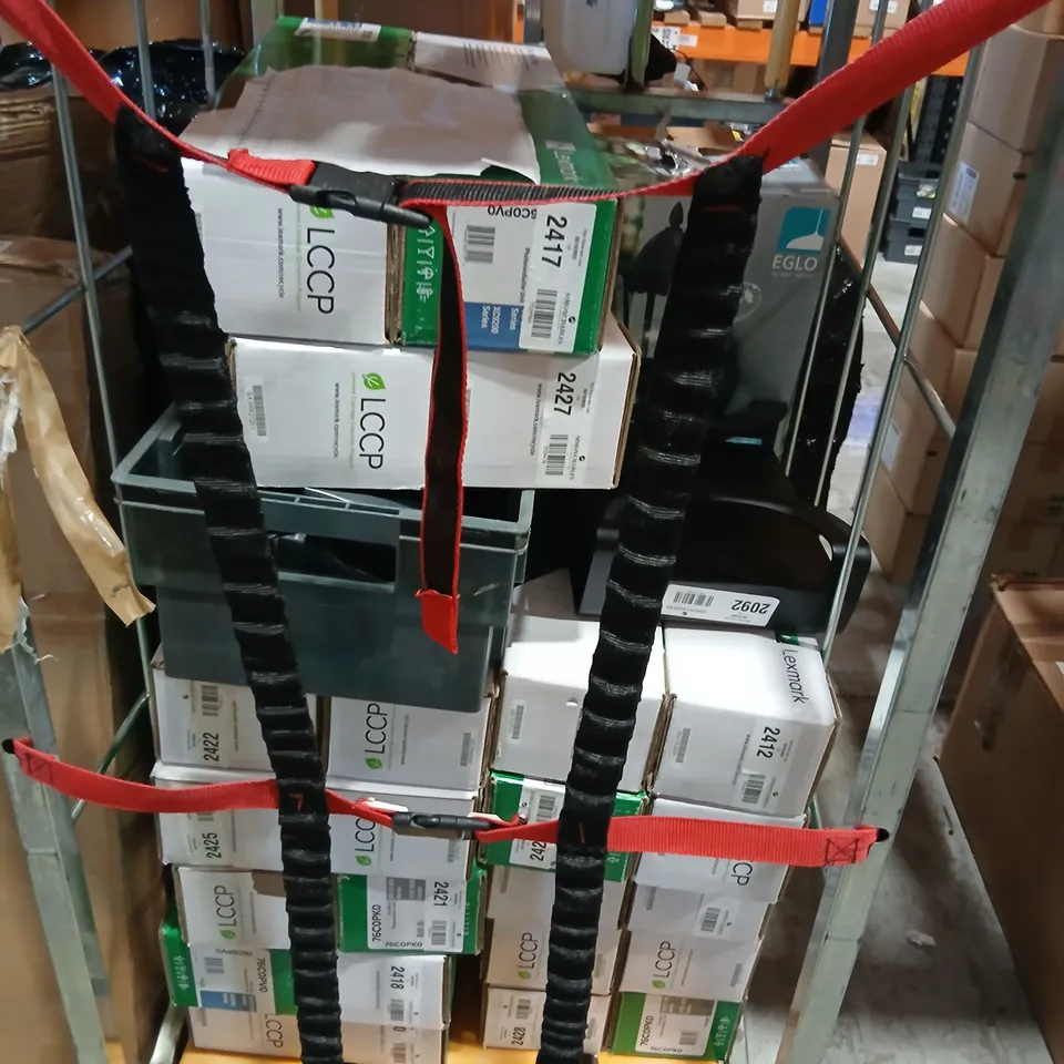 CAGE OF ASSORTED PRODUCTS TO INCLUDE; LEXMARK 76C0PKO, EGLO OUTDOOR NAVEDO LANTERN AND TWELVE SOUTH CURVE ROSER MONITOR STAND