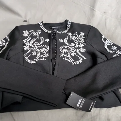KAREN MILLEN FIGURE FORM BANDAGE EMBELLISHED KNIT JACKET, BLACK, SIZE L