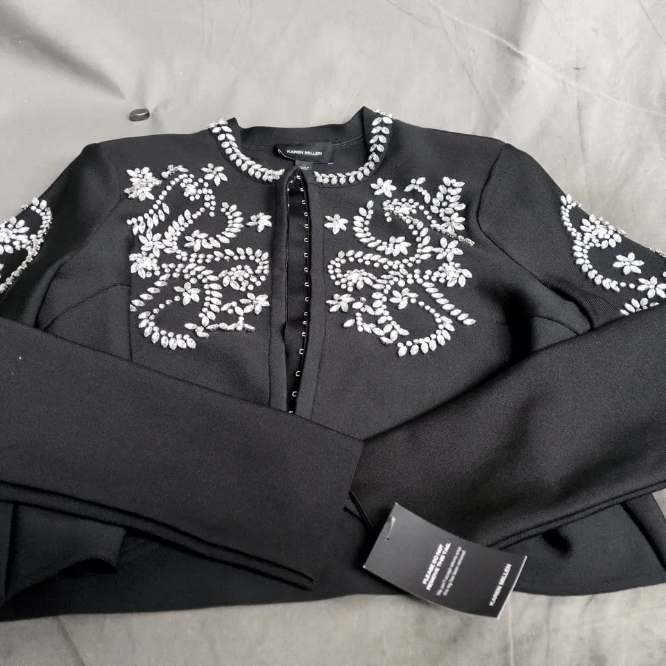 KAREN MILLEN FIGURE FORM BANDAGE EMBELLISHED KNIT JACKET, BLACK, SIZE L