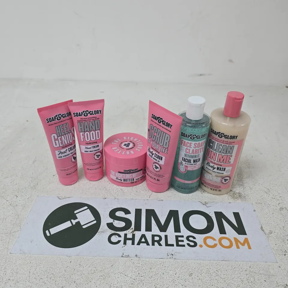 6 ASSORTED SOAP&GLORY PRODUCTS TO INCLUDE BODY SCRUB, BODY WASH, BODY BUTTER, ETC - COLLECTION ONLY