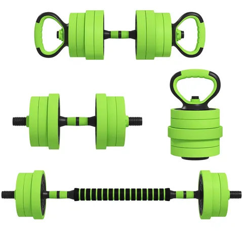 BOXED SPORTNOW 20KG FOUR-IN-ONE ADJUSTABLE WEIGHT DUMBBELLS SET, BARBELL, KETTLEBELL, PUSH UP STAND - GREEN (1 BOX)