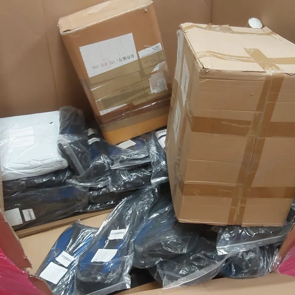 PALLET OF ASSORTED ITEMS INCLUDING: A LARGE QUANTITY OF SNORKELING FLIPPERS, INFLATABLE SURF BOARD, STEP LADDER ECT