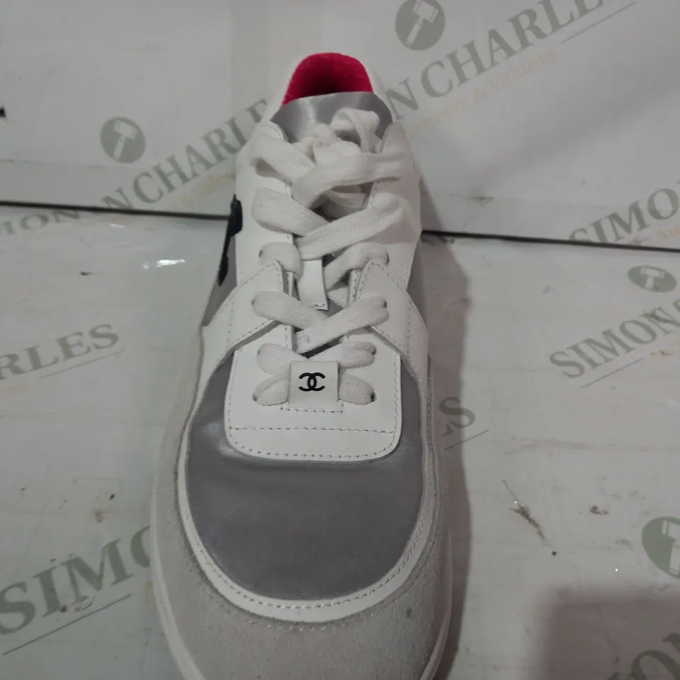 PAIR OF CHANEL TRAINERS IN WHITE/METALLIC SILVER EU SIZE 41