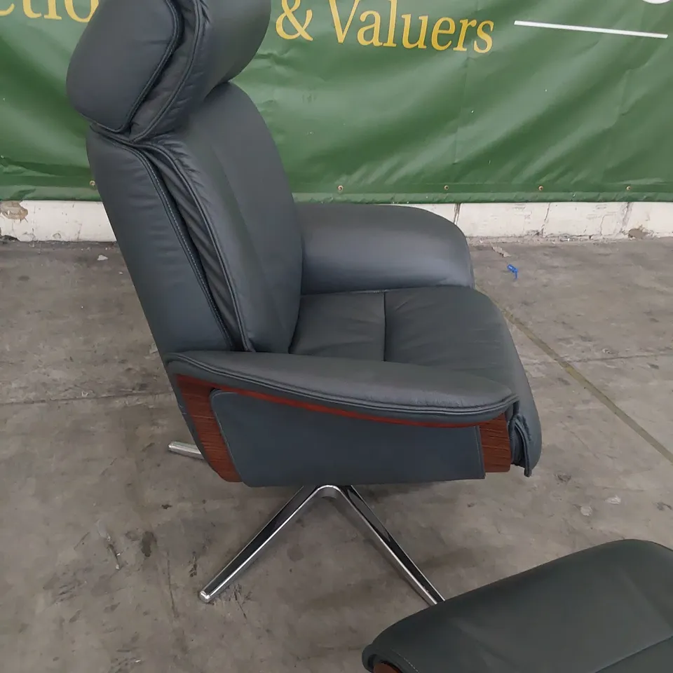 QUALITY BRITISH DESIGNER G PLAN VIDA MANUAL RECLINING CHAIR & FOOTSTOOL CAMBRIDGE STONE LEATHER 