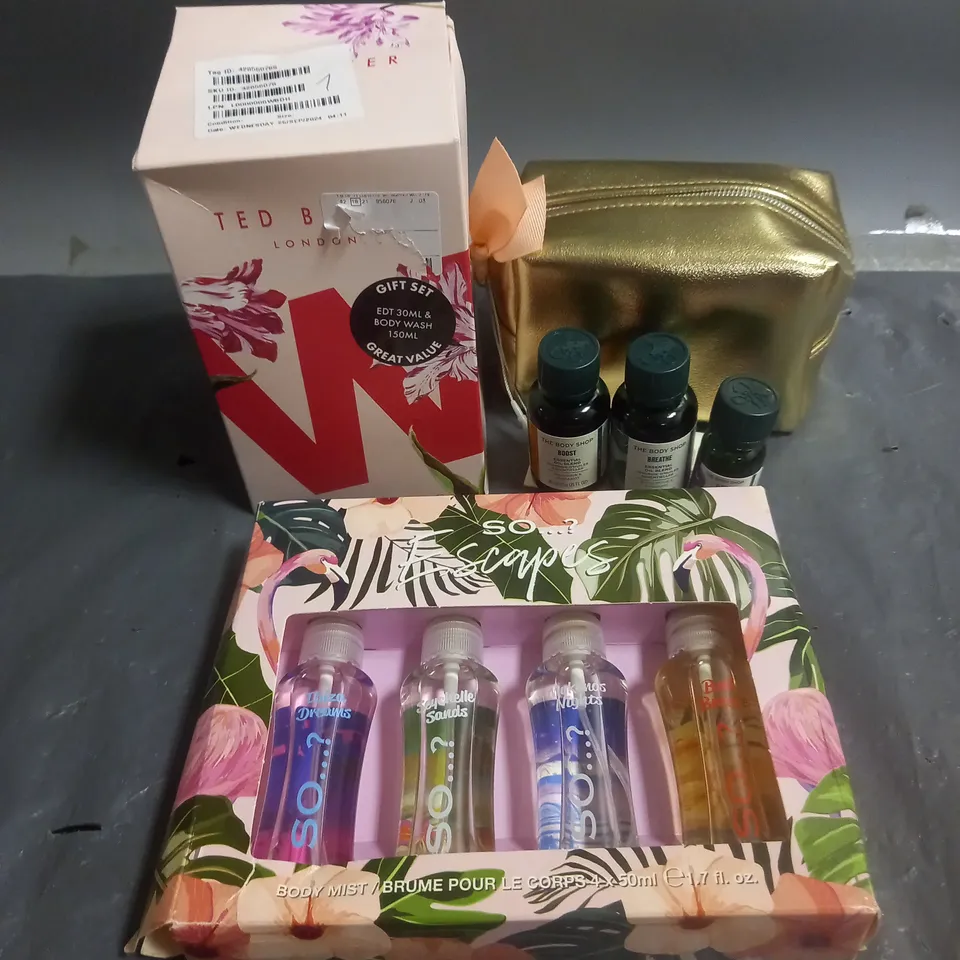 LOT OF 2 ASSORTED COSMETIC BOXSETS TO INCLUDE - TED BAKER WOMAN EAU DE TOILETTE SENT AND SO..? ESCAPES BODY MIST SET