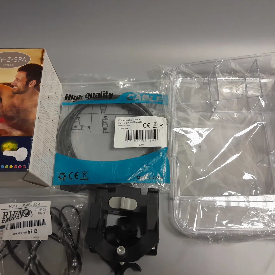 LOT OF 5 ASSORTED ITEMS TO INCLUDE LAY-Z-SPA COLOUR LED LIGHT, CLEAR PLASTIC ORGANISER AND 2M HDMI CABLE