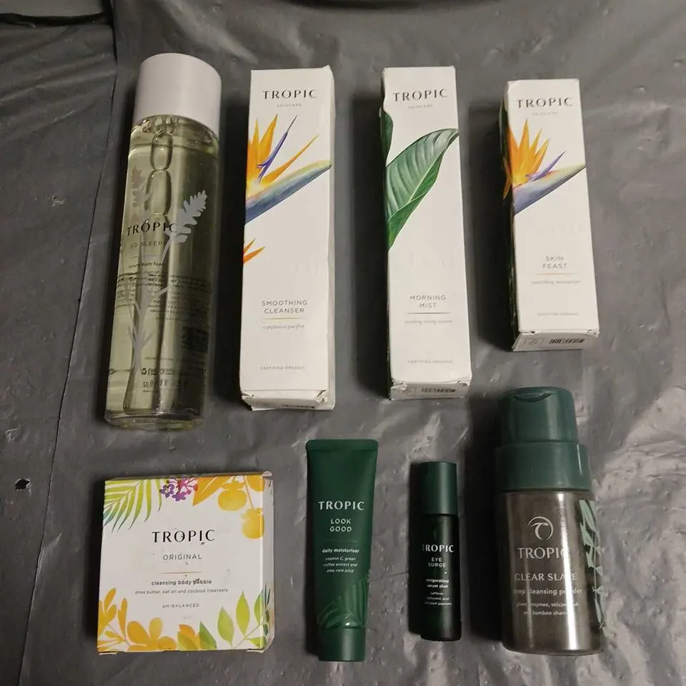 TROPIC SKINCARE LOT OF 8 ASSORTED SKINCARE PRODUCTS TO INCLUDE - CLEAR SLATE DEEP CLEANSING POWDER - EYE SURGE INVIGORATING SERUM SHOT - MORNING MIST SOOTHING TONING ESSENCE - ETC