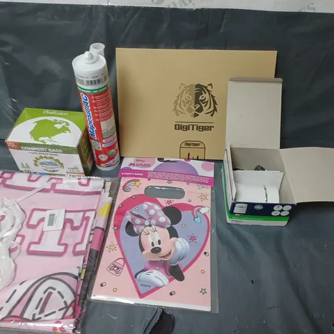 BOX OF APPROXIMATELY 20 ASSORTED HOUSEHOLD ITEMS TO INCLUDE RADIATOR THERMOSTAT, FOOD COMPOST LINERS AND MINNIE MOUSE PARTY BAGS