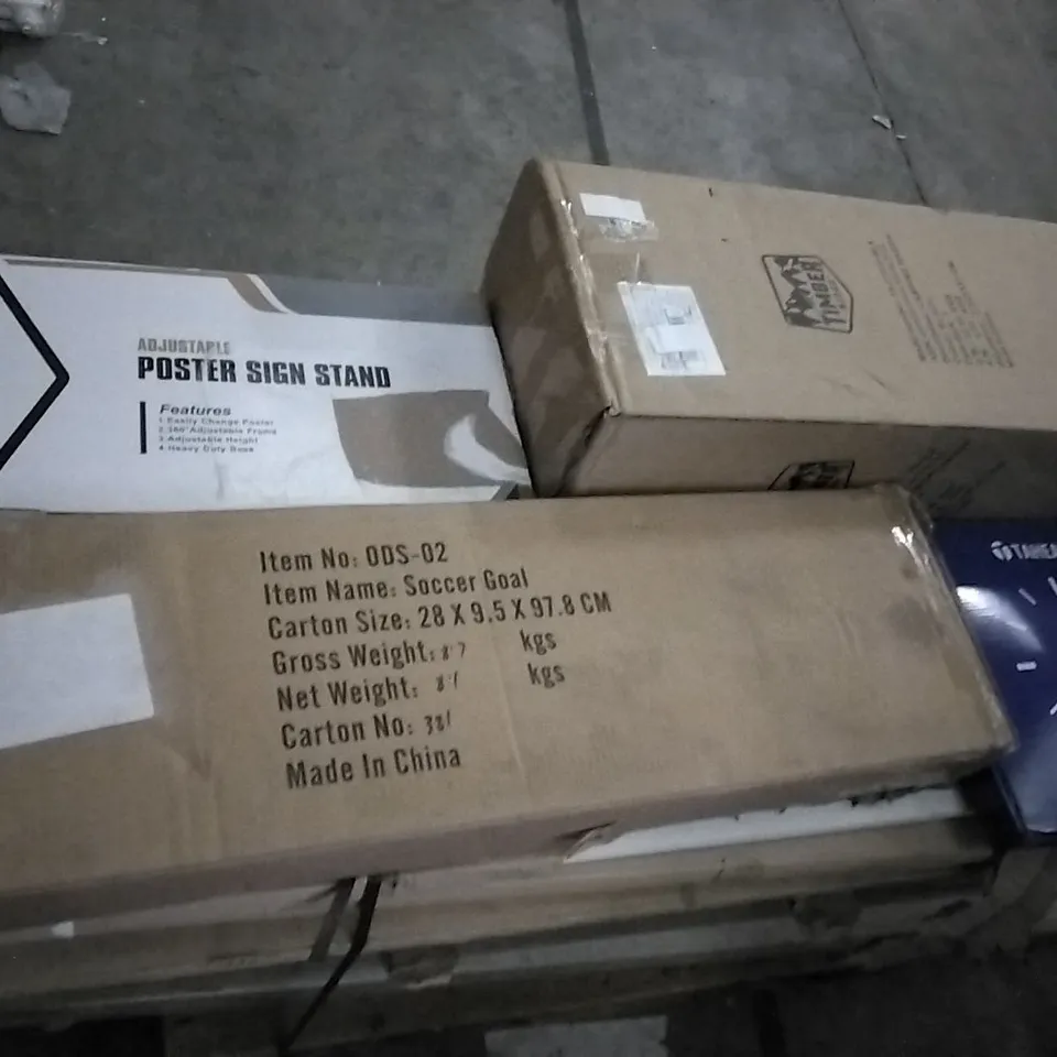 PALLET OF ASSORTED ITEMS INCLUDING SOCCER GOAL, ADJUSTABLE POSTER SIGN STAND, TIMBER RIDGE CAMPING WAGON, THEATRE WALL CLOAK, PUTTPARTEE, LUXEVOIR HIGH LOFT MATTRESS TOPPER