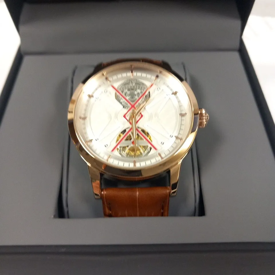 MENS VONLANTHEN AUTOMATIC WATCH – SILVER AND RED TEXTURED DIAL – ROSE GOLD COLOUR CASE - GLASS EXHIBITION BACKCASE – BLACK LEATHER STRAP