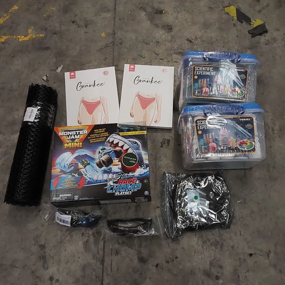 PALLET OF ASSORTED HOUSEHOLD ITEMS AND CONSUMER PRODUCTS. INCLUDES CHICKEN WIRE, WOMEN'S UNDERWEAR, KIDS TOYS, SUNGLASSES ETC