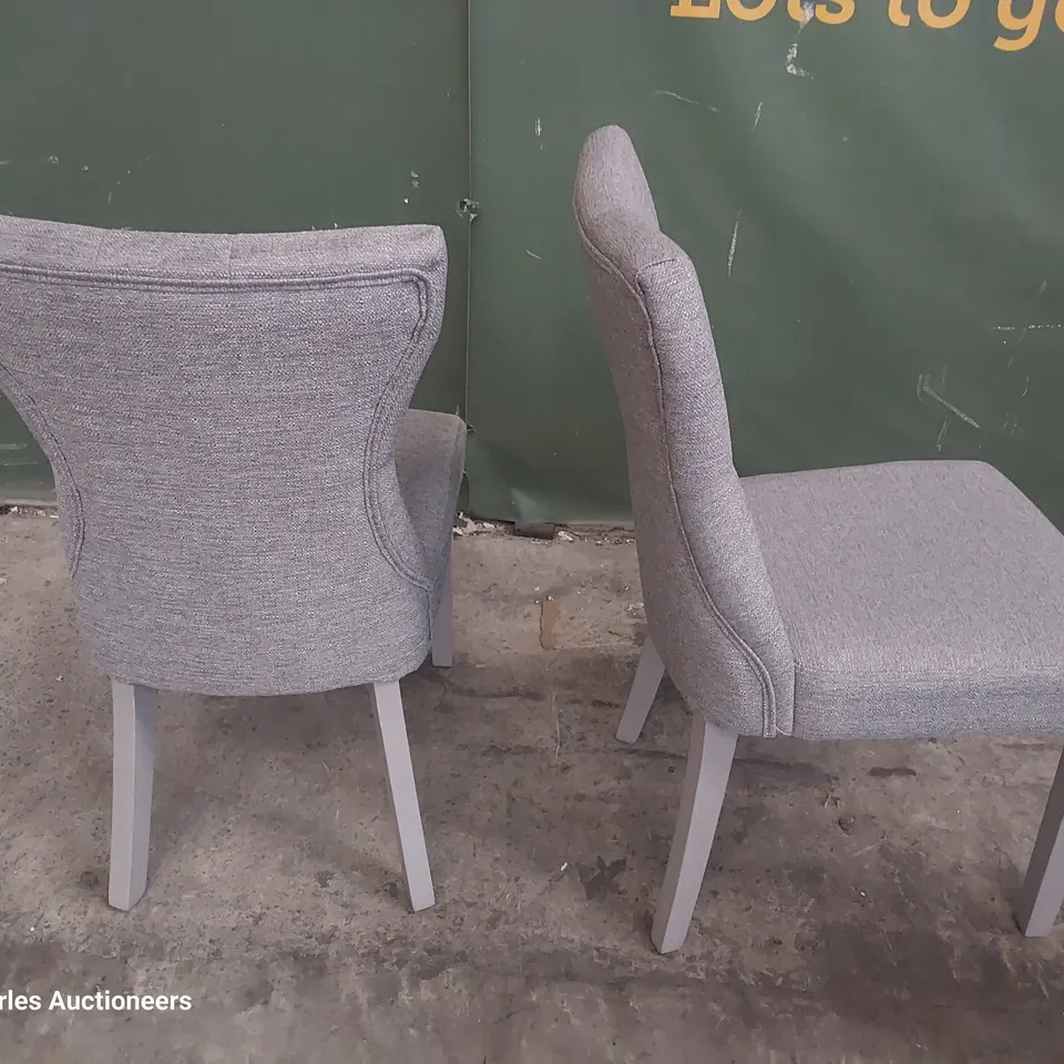 PAIR OF UPHOLSTERED BUTTONED BACK DINING CHAIRS GREY FABRIC ON GREY PAINTED LEGS 