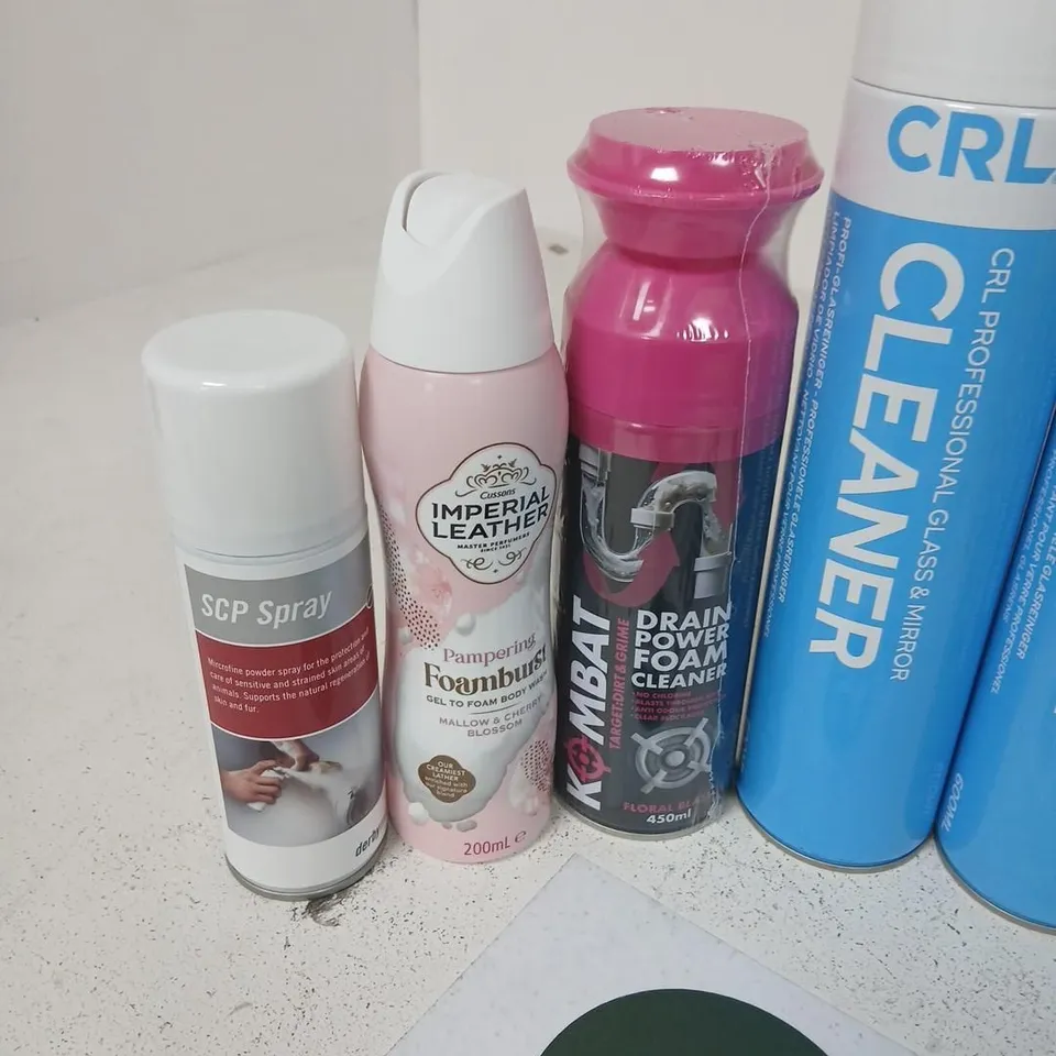 APPROXIMATELY 16 ASSORTED AEROSOLS TO INCLUDE; ASSORTED AEROSOL SPRAYS AND CLEANERS – CRL CLEANER, SCP SPRAY, ELBOW GREASE, VO5, L’ORÉAL EXPERT (LOT)