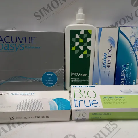 BOX OF APPROX 25 ASSORTED CONTACT LENSES AND CONTACT LENSE SOLUTIONS
