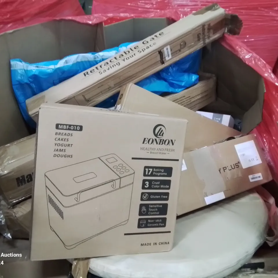 PALLET CONTAINING VARIOUS ITEMS TO INCLUDE BREAD MAKER, RECIPROCATING SAW, RETRACTABLE GATE ETC.