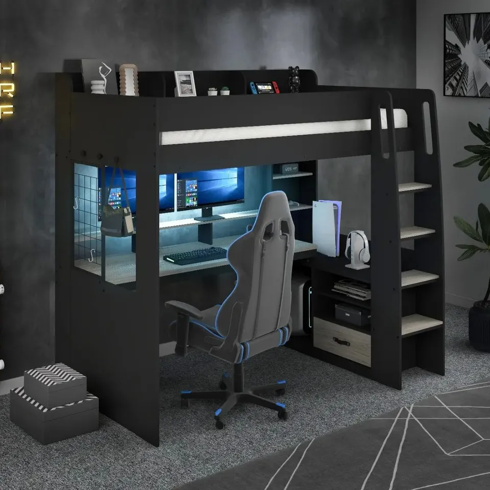 BOXED FLAIR KYRK STORAGE GAMING HIGH SLEEPER BLACK & GREY WASH (4 BOXES)