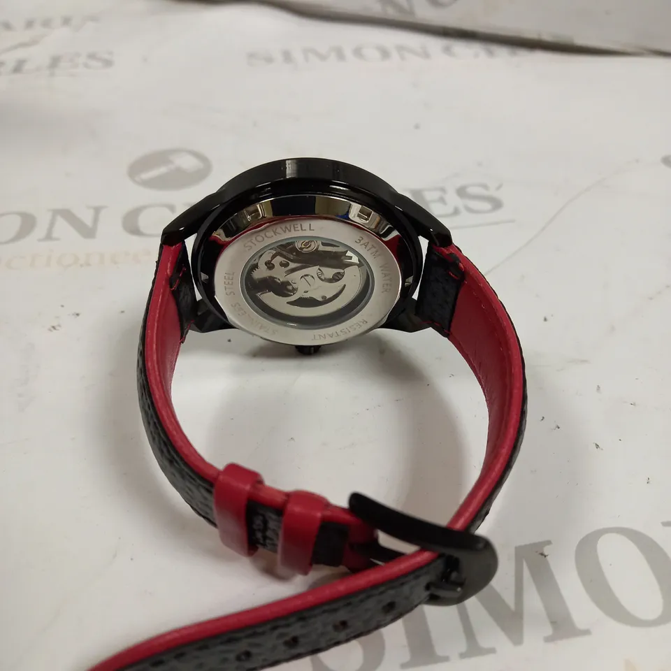 MEN’S STOCKWELL AUTOMATIC SPORTS WATCH SKELETON DIAL, BLACK LEATHER STRAP WITH RED DETAILING