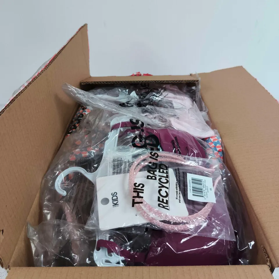 BOX OF APPROXIMATELY 35 ASSORTED CLOTHING ITEMS TO INCLUDE STRETCH SWIM SHORTS, PUSH UP BRA, LUXE HEADBAND ETC