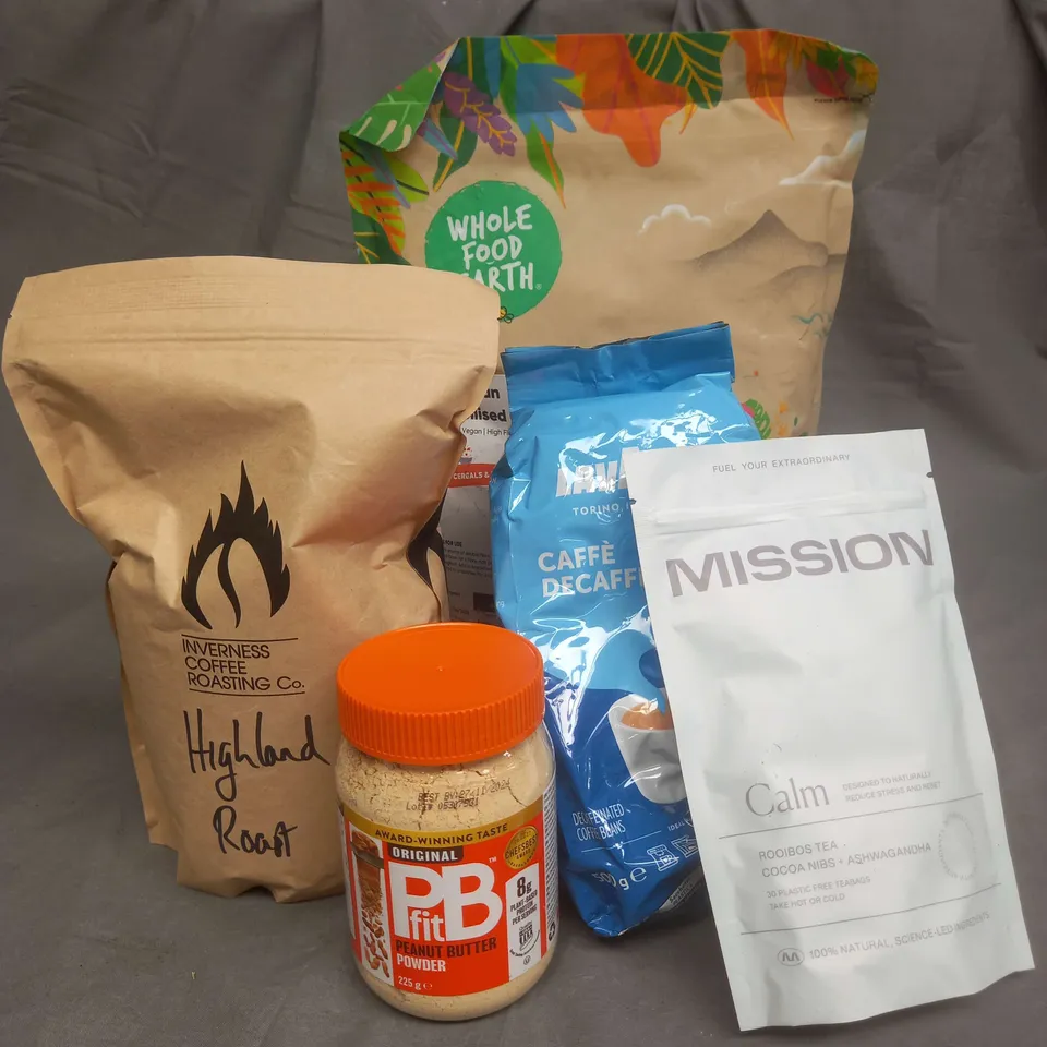 APPROXIMATELY 6 ASSORTED FOOD ITEMS TO INCLUDE - MISSION CALM TEABAGS - PBFIT PEANUT BUTTER POWDER - HIGHLAND ROAST COFFEE BEANS - ETC