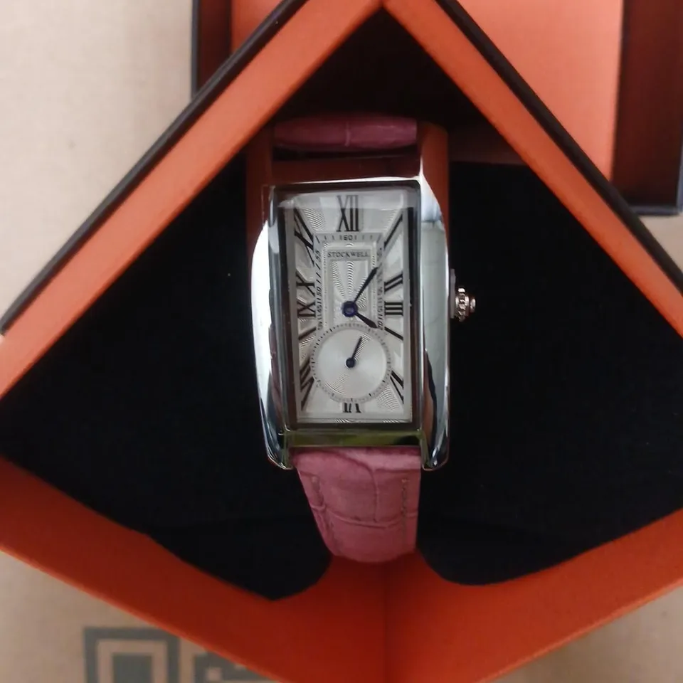 STOCKWELL RECTANGULAR WRISTWATCH WITH PINK CROCODILE-EFFECT STRAP