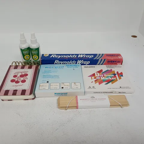 TOTE OF APPROXIMATELY 15 ASSORTED ITEMS TO INCLUDE  DRY ERASE MARKER, INSECT REPELLLENT, MAGNETIC POSTER HANGER, CHUNKY NOTE PAD ETC