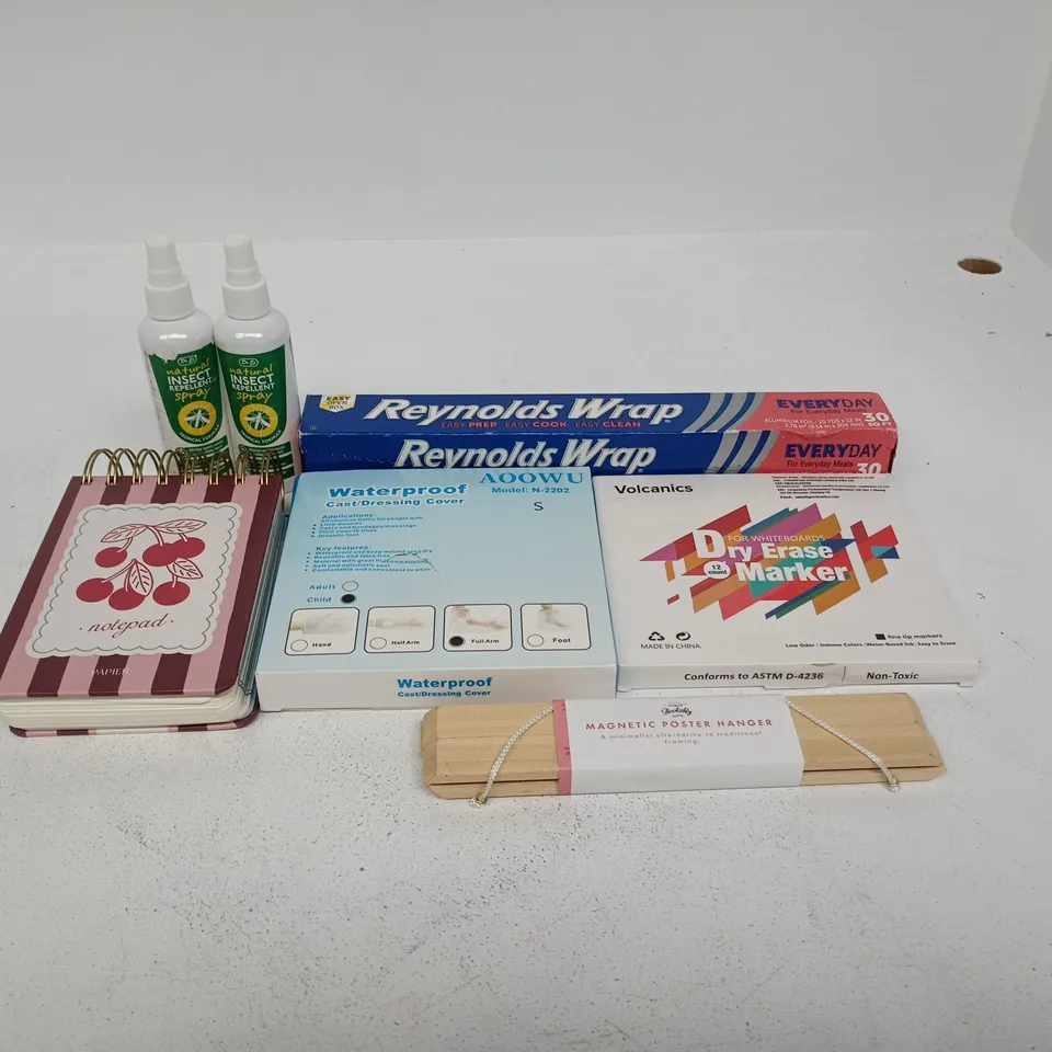 TOTE OF APPROXIMATELY 15 ASSORTED ITEMS TO INCLUDE  DRY ERASE MARKER, INSECT REPELLLENT, MAGNETIC POSTER HANGER, CHUNKY NOTE PAD ETC