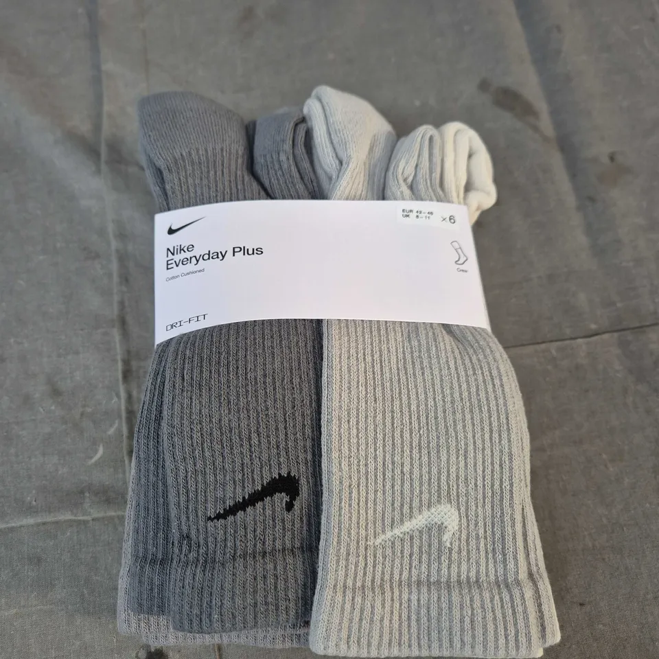 NIKE EVERYDAY PLUS COTTON CUSHIONED CREW SOCKS – GREY PACK (UK 8–11) - X6