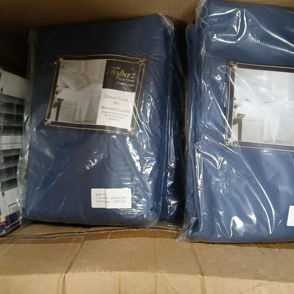 BOX OF APPROXIMATELY 10 ASSORTED HOUSEHOLD ITEMS TO INCLUDE DUVET COVER SETS, EYELET CURTAINS, ETC - COLOURS AND SIZES VARY - COLLECTION ONLY