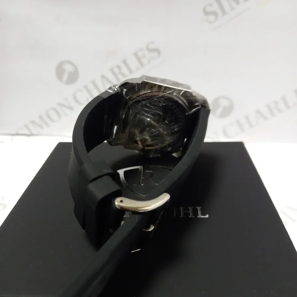 RUCKSTUHL OCTAGONAL CHRONOGRAPH BLACK RUBBER STRAP WRISTWATCH