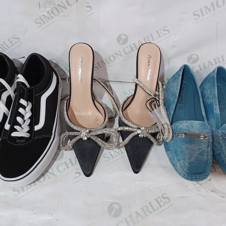 BOX OF APPROXIMATELY 20 ASSORTED PAIRS OF SHOES IN VARIOUS STYLES & SIZES TO INCLUDE PUBLIC DESIRE, KELSI, VANS, ETC