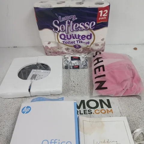 BOX OF APPROXIMATELY 15 ASSORTED ITEMS INCLUDING A SHEIN PINK CLOAK, LUXURY SOFT TOILET TISSUE AND SOME FACIAL TISSUES