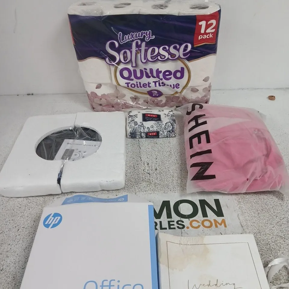 BOX OF APPROXIMATELY 15 ASSORTED ITEMS INCLUDING A SHEIN PINK CLOAK, LUXURY SOFT TOILET TISSUE AND SOME FACIAL TISSUES