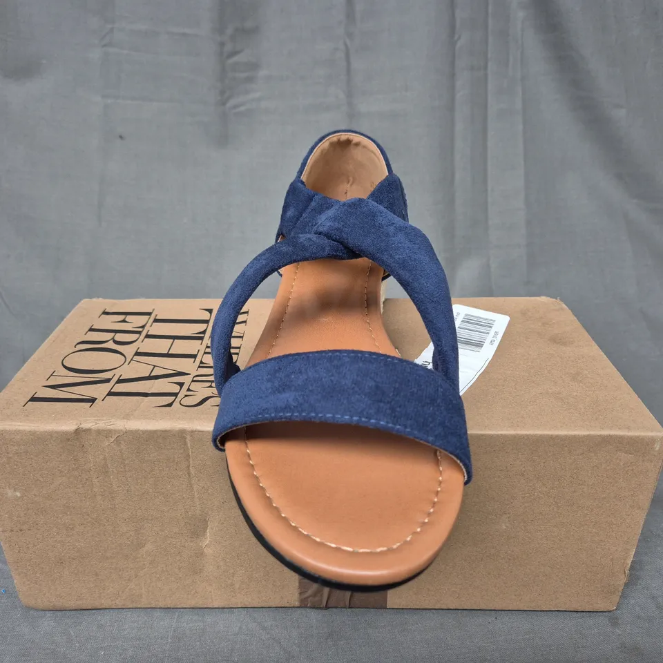 BOXED WHERES THAT FROM NAVY LY SUEDE SANDALS - UK 6