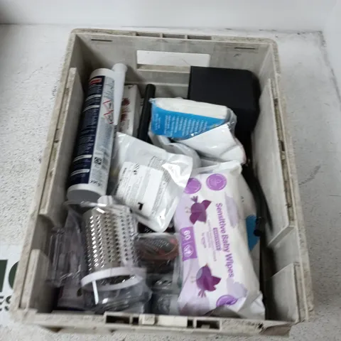 BOX CONTAINING A MIX OF APPROXIMATELY 15 ASSORTED HOUSEHOLD ITEMS INCLUDING SHOE POLISH, ESSENTIAL OILS, SILICONE SEALANT ETC.