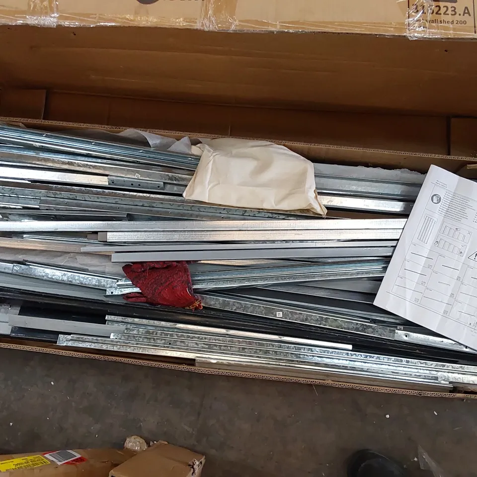 BOXED ABDULHADI 4FT W X 6FT D GALVANISED STEEL GARDEN SHED PARTS (1 BOX)