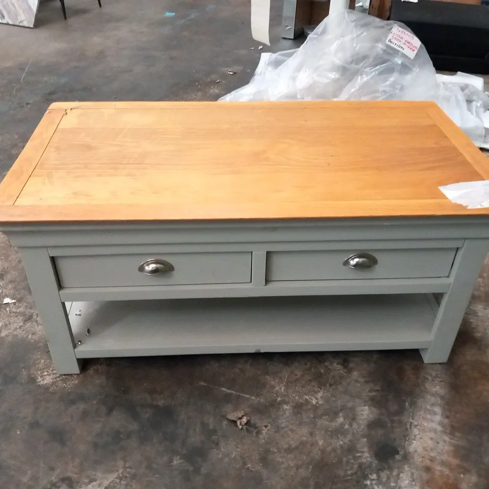 DESIGNER GREY AND OAK EFFECT FOUR DRAWER COFFEE TABLE