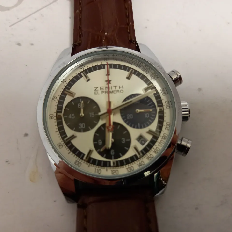 ZENTITH EL PRIMERO SILVER EFFECT WRIST WATCH WITH FAUX LEATHER STRAP