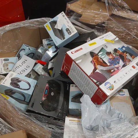 PALLET CONTAINING A VERY LARGE QUANTITY OF ASSORTED UNTESTED ELECTRICAL PRODUCTS INCLUDING: WIRELESS HEADPHONES, CANON PRINTERS, BLUETOOTH BOOMBOX, INTELLIGENT VACUUM CLEANER ECT