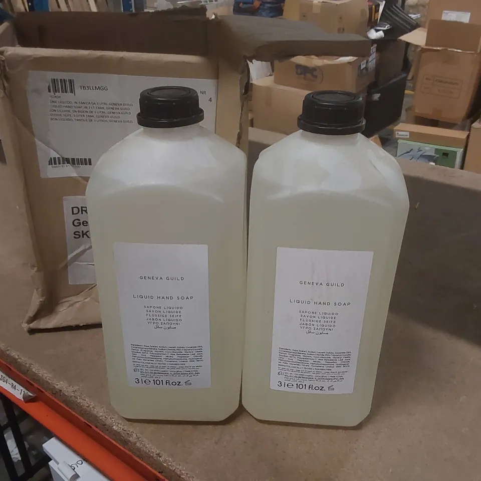 BOX CONTAINING 2x BRAND NEW GENEVA GUILD 3L LIQUID HAND SOAP BOTTLES